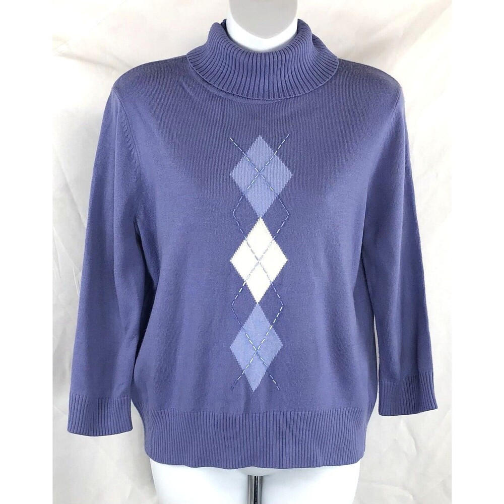 Requirements turtleneck sweater M purple argyle beaded 3/4 sleeves preppy 90s